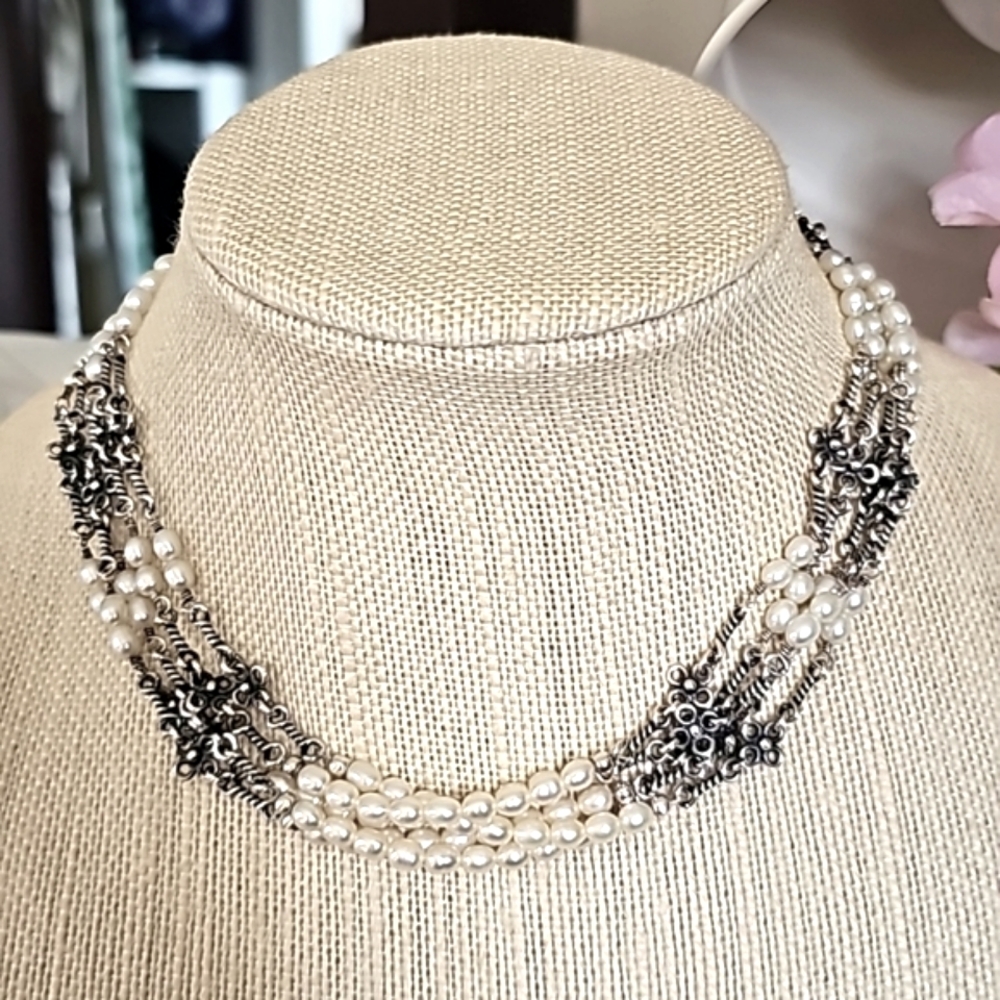 Silpada 5 Strand Sterling Silver Freshwater Pearl Necklace 17" Long N1214